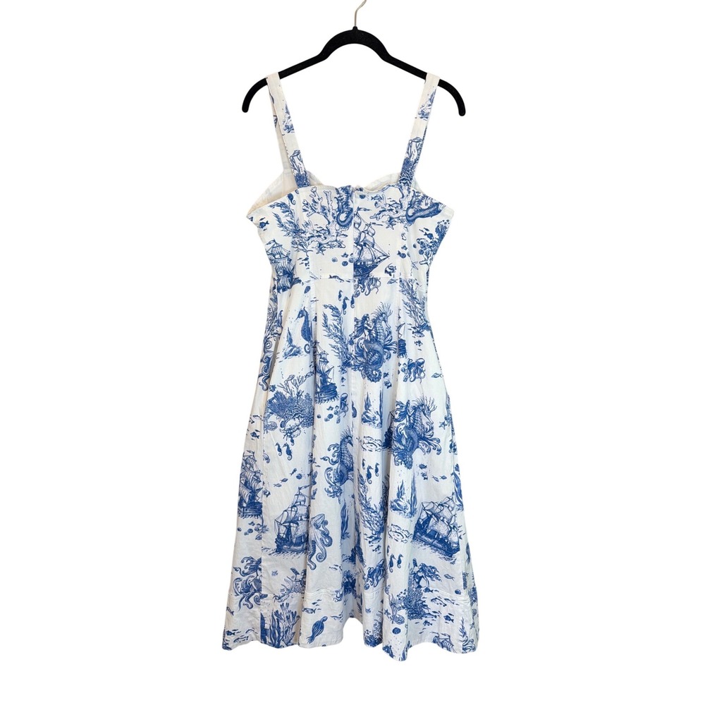 Avec Les Filles Blue White Coastal Toile Midi Dress Nautical Octopus Ship Sz 10 - Picture 3 of 6